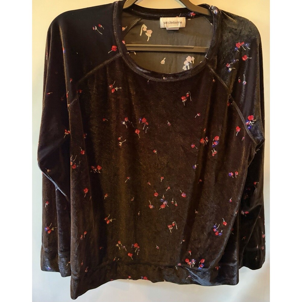 Women’s Liz Claiborne Black Velvet Floral Shirt Size X-Large B5
